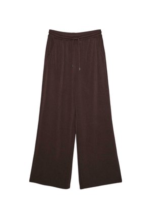 Pantalon ample marron foncé à jambes larges avec taille élastique et cordon, poches latérales et texture de tissu lisse.