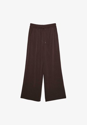 Pantalon ample marron foncé à jambes larges avec taille élastique et cordon, poches latérales et texture de tissu lisse.
