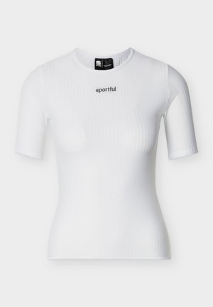Bijela kratka sportska majica s okruglim izrezom, uskim krojem i malim crnim logotipom "sportful" smještenim u središtu prsa.