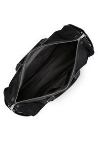 Sac de sport noir avec une surface lisse, fermeture éclair argentée et intérieur spacieux. Doté de double poignées et en tissu textile.