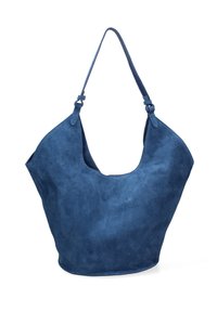 Borsa hobo in suede blu con un'ampia apertura, parte superiore arrotondata e una sola tracolla regolabile. Texture morbida, senza hardware o decorazioni visibili.