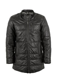 Schwarze gepolsterte Lederjacke mit Stehkragen, Frontreißverschluss, einer Reißverschlusstasche auf der Brust und zwei Seitentaschen.