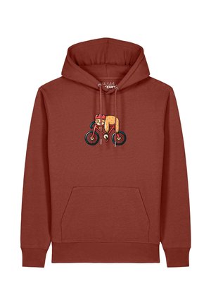 Rostfarbener Hoodie mit einer Fronttasche und einem Cartoon eines Faultiers, das einen roten Helm trägt und auf einem roten Fahrrad ruht.