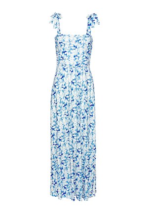 Langes ärmelloses Kleid mit blau-weißem Blumenmuster und gebundenen Schulterriemen auf einfarbigem Hintergrund.