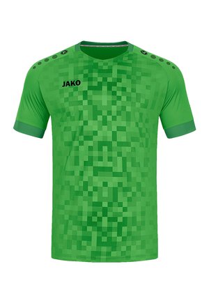 Maillot de gardien de but vert avec un motif pixélisé, col rond, manches courtes, et logo JAKO à l'avant et sur les boutons des épaules.