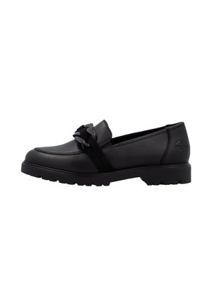 Mocassin en cuir noir avec semelle épaisse, détail de chaîne décorative et bout rond cousu, conçu pour un usage décontracté ou formel.