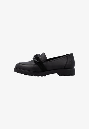 Black leather loafer with chunky sole, decorative chain detail, and stitched round toe, designed for casual or formal wear.