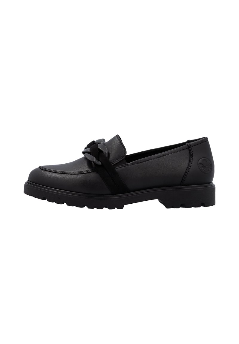 Mocassin en cuir noir avec semelle épaisse, détail de chaîne décorative et bout rond cousu, conçu pour un usage décontracté ou formel.