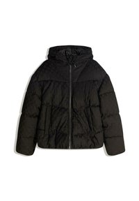 Schwarze Steppjacke mit Kapuze, die ein gesteppstes Muster aufweist, vorne mit Reißverschluss und Kordelzug an der Kapuze zur Anpassung.