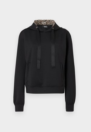 Sweat à capuche noir avec doublure en imprimé léopard, cordon de serrage et poche avant. Se distingue par des poignets et un ourlet côtelés, fabriqué dans un tissu doux pour le confort.