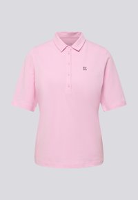 Kurzarm-Polohemd in Rosa mit Kragen, fünf Knöpfen und einem kleinen Logoakzent auf der linken Brust.