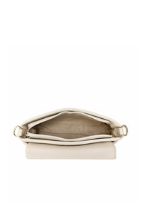 Beżowa skórzana kopertówka z zamkiem błyskawicznym, o miękkiej fakturze, z dwoma przegródkami i złotymi akcentami.