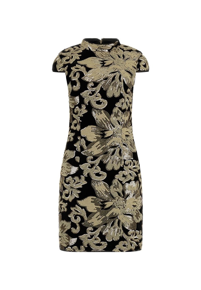 Schwarzes, tailliertes Kleid mit kurzen Ärmeln, das mit aufwendiger goldener floralem und schnörkelhaftem Stickerei, strukturiertem Stoff und einem hohen Ausschnitt versehen ist.