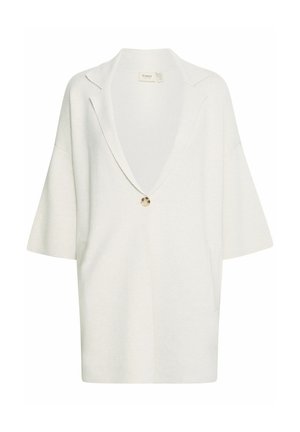 Licht beige oversized blazer gemaakt van zachte stof, met een diepe v-hals, enkele knoopsluiting en twee voorzakken.