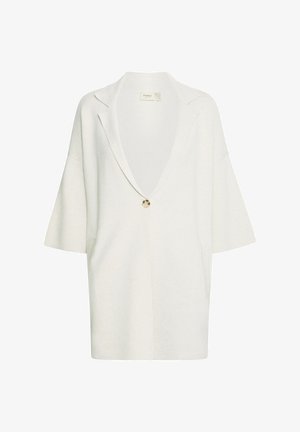 Blazer oversize color beige chiaro realizzato in tessuto morbido, con scollatura a V profonda, chiusura con un solo bottone e due tasche frontali.