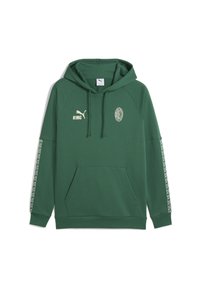 Groene hoodie met een voork pocket, witte Puma- en AC Milan-logo's en gestreepte patronen op de mouwen.