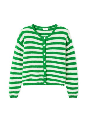 Cardigan rayé vert et blanc en matériau doux, avec un col en V, une fermeture à boutons et des manches longues. Longueur cropped.