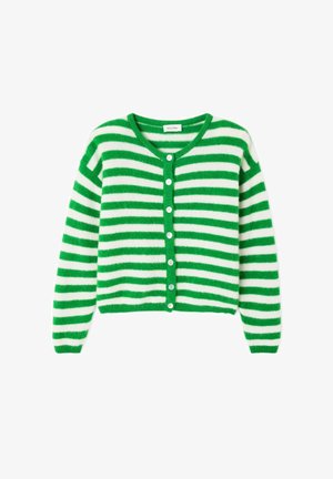 Grøn og hvid stribet cardigan lavet af blødt materiale, med V-hals, knaplukning og lange ærmer. Kort længde.