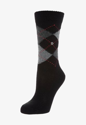 Black and gray argyle patterned sock with red accents, made of knitted material, featuring a reinforced cuff and small decorative button.