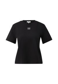 Schwarzes T-Shirt mit kurzen Ärmeln aus Baumwolle, runder Ausschnitt und einem kleinen Strass-Akzent in der Mitte. Glatte Textur.