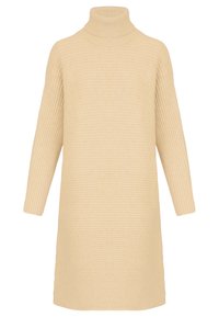 Robe col roulé beige côtelée à manches longues, présentant une silhouette décontractée et un tissu texturé. Matériau doux et chaud pour le confort.