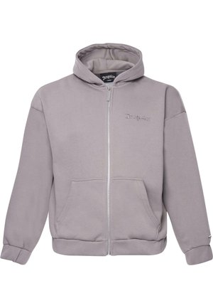 Grå zip-hoodie med snøre i hætten, frontlommer og diskret broderet logo. Fremstillet i blødt bomuldsblandingsstof, med ribbede manchetter.