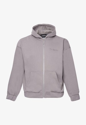 Grå zip-hoodie med snøre i hætten, frontlommer og diskret broderet logo. Fremstillet i blødt bomuldsblandingsstof, med ribbede manchetter.