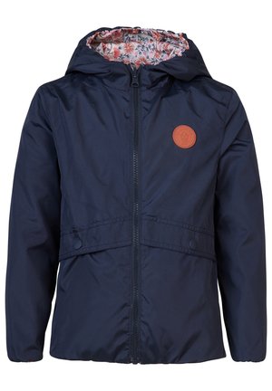 Granatowa wodoodporna kurtka z podszewką w kwiatowy wzór, zamek błyskawiczny z przodu, akcenty z zatrzaskami oraz okrągłym logo na piersi.