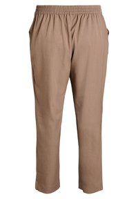 Hellbraune, leichte Hose mit elastischem Bund, lockerer Passform, seitlichen Taschen und geradem Beinschnitt. Glatte Stofftextur.