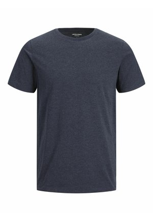 Donkerblauw korthangend t-shirt van een zachte katoenmix, met een klassieke ronde halslijn en een gladde, gelijkmatige textuur.