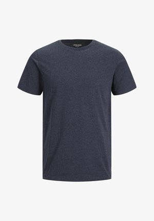 Sötétkék, rövidujjú póló, puha pamutkeverékből készült, klasszikus kerek nyakkivágással és sima, egyenletes textúrával.