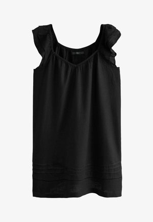 Top senza maniche nero con spalline arricciate, scollatura a V e orlo dritto. Presenta un tessuto testurizzato e cuciture decorative nella parte inferiore.