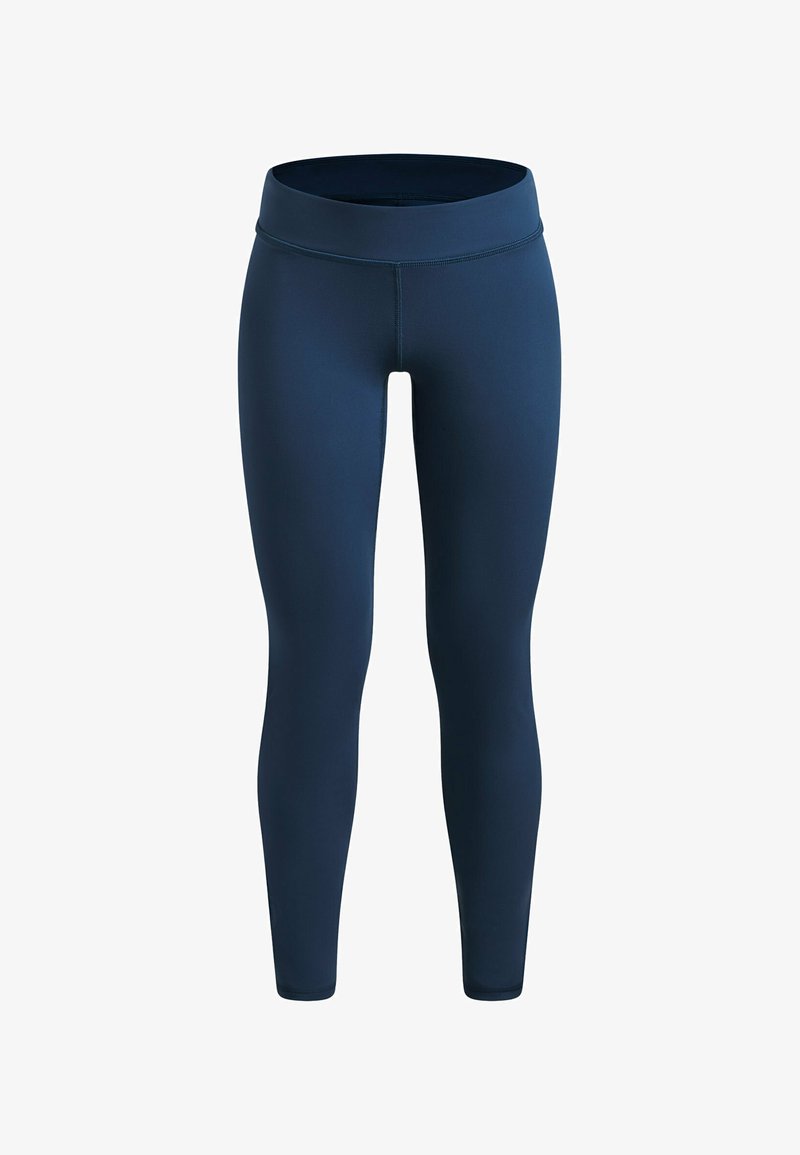 Leggings bleu marine en tissu lisse et extensible. Taille haute, coupe près du corps, sans motifs ni détails matériels visibles.