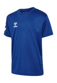 T-shirt de sport bleu à manches courtes avec col rond, logo blanc hummel sur la poitrine et bandes Chevron sur la manche.