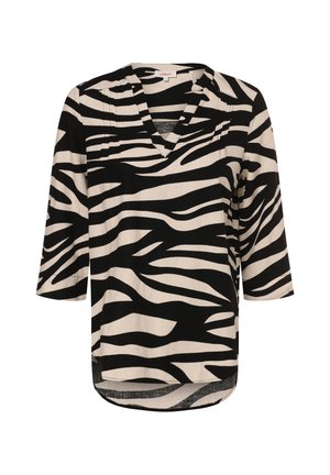 Schwarz-beige gestreiftes Oberteil mit V-Ausschnitt, dreiviertel Ärmeln und lockerer Passform. Strukturierter Stoff mit einem auffälligen Zebra-Muster.