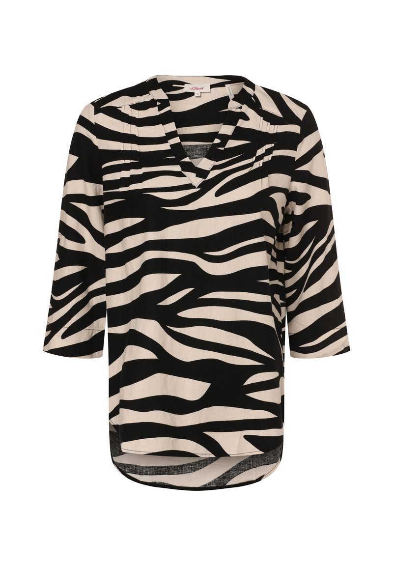 Schwarz-beige gestreiftes Oberteil mit V-Ausschnitt, dreiviertel Ärmeln und lockerer Passform. Strukturierter Stoff mit einem auffälligen Zebra-Muster.