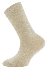 Beige Baumwollsocke mit geripptem Bündchen und glatter Textur, abgerundetem Zehenbereich und nahtlosem Design für optimalen Komfort.