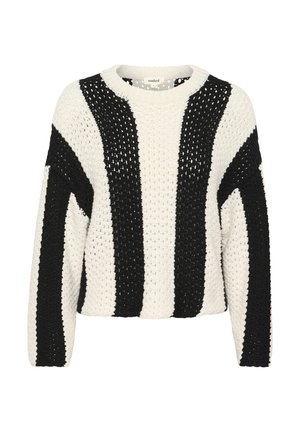 Knitted sweater in white and black, featuring a loose fit, round neckline, and vertical striped pattern with textured detailing.