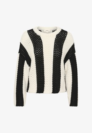 Pulover tricotat în alb și negru, cu o croială lejeră, guler rotund și un model cu dungi verticale, având detalii texturate.