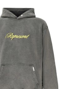 Sudadera gris con bordado amarillo de "Represent", bolsillo canguro frontal, capucha con cordón y tejido suave y texturizado.