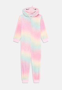 Kaptur do onesie w pastelowych kolorach tęczy, wykonany z miękkiego, puszystego materiału; ma zamek z przodu i różowe mankiety. Zawiera zabawny detal twarzy na kapturze.