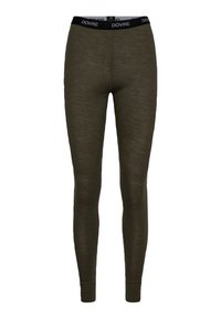 Olivengrønne leggings lavet af et struktureret, strækbart materiale. Har en sort elastisk talje med "DOVRE"-logo. Tætsiddende design.
