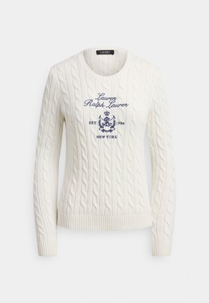 Camisola branca de malha canelada com bordado azul-marinho "Lauren Ralph Lauren", brasão e texto "Est. 1996 New York" na frente.