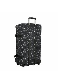 Sac de voyage noir à roulettes avec une surface à motifs arborant divers designs abstraits. Comprend une poignée télescopique et des roues lisses pour faciliter la mobilité.