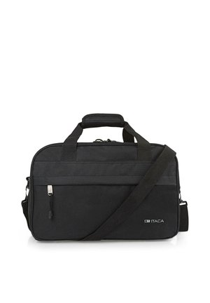 Bolsa mensajera de lienzo negro con dos asas superiores y una correa de hombro desmontable. Cuenta con un compartimento principal con cremallera y un bolsillo frontal.
