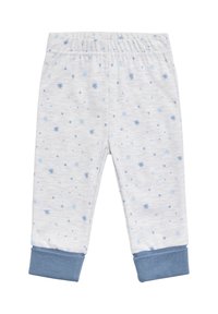 Pantalones de pijama gris claro con un patrón de estrellas en diferentes tonos de azul. Cintura elástica con puños azul oscuro en los tobillos.