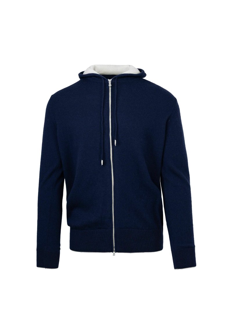 Felpa zip con cappuccio di colore blu navy, con una morbida fodera interna grigia chiara in contrasto, dotata di lacci sul cappuccio e polsini e orlo a costine. Tessuto morbido.