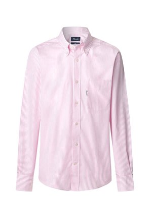 Camicia button-up rosa chiaro con sottili righe verticali bianche, maniche lunghe, taschino sul petto e orlo curvo. Tessuto in cotone.