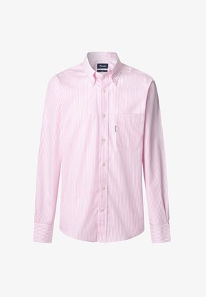 Camicia button-up rosa chiaro con sottili righe verticali bianche, maniche lunghe, taschino sul petto e orlo curvo. Tessuto in cotone.
