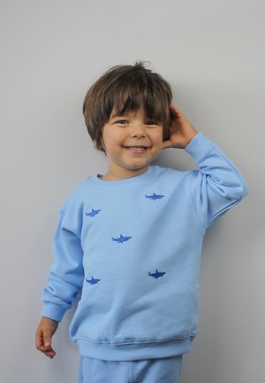 Hellblaues Sweatshirt mit blauer Haifisch-Stickerei. Weiches Baumwollmaterial, Rundhalsausschnitt, lange Ärmel und gerippte Bündchen an Saum und Ärmeln.